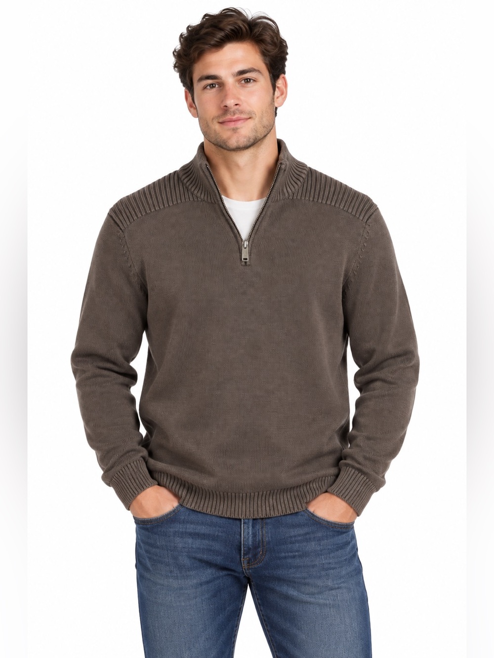 True Rock Men’s Brown Quarter Zip 100% Cotton Pullover Sweater Large
